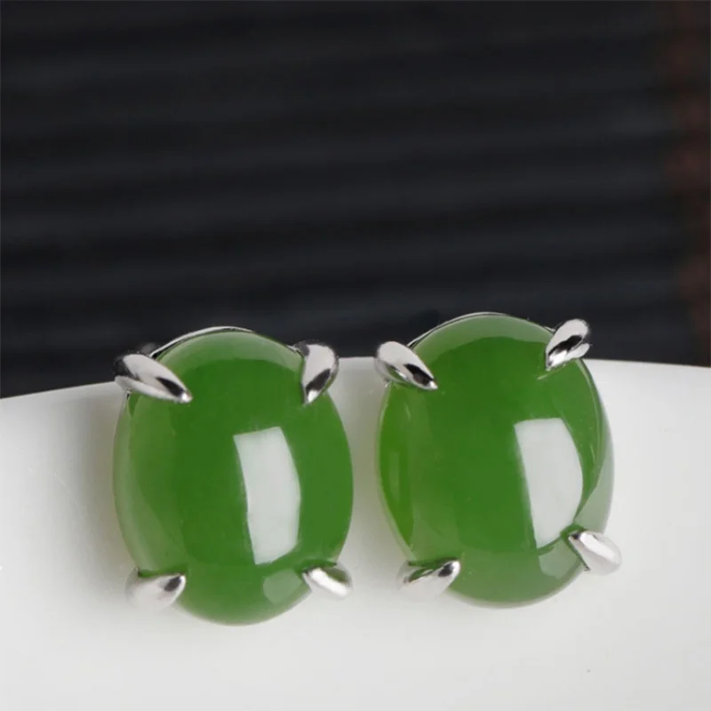 

925 Sterling Silver Claw Setting Hetian Jade Earrings for Women with Certificate Fashionable Egg-shaped Jasper Stud Earrings Sim