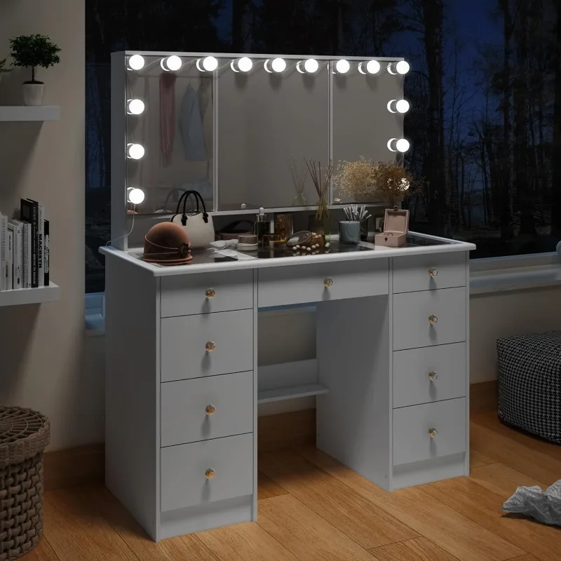 Makeup Vanity Desk with 15 Light Bulbs, 3 Mirrors, Glass Top & Hidden Storage , Lighting Modes & Brightness Adjustable, White