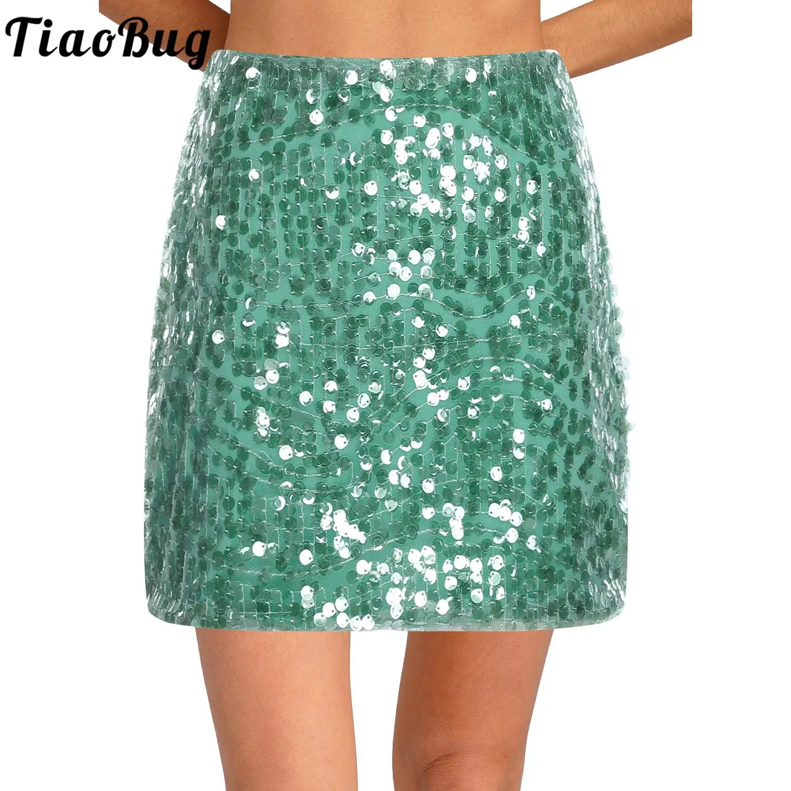 

Women Glittery Sequin Miniskirt Sequin Mesh Layer Fully Lined Back Zipper Bodycon Skirt Clubwear for Party Rave Club Festivals