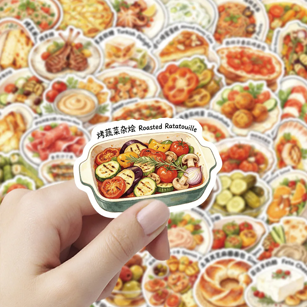 50 PCS New Mediterranean Food Culture Theme Stickers Pack Decorate Lunch Box Fridge Cabinet Scrapbook Removable Reward Decals