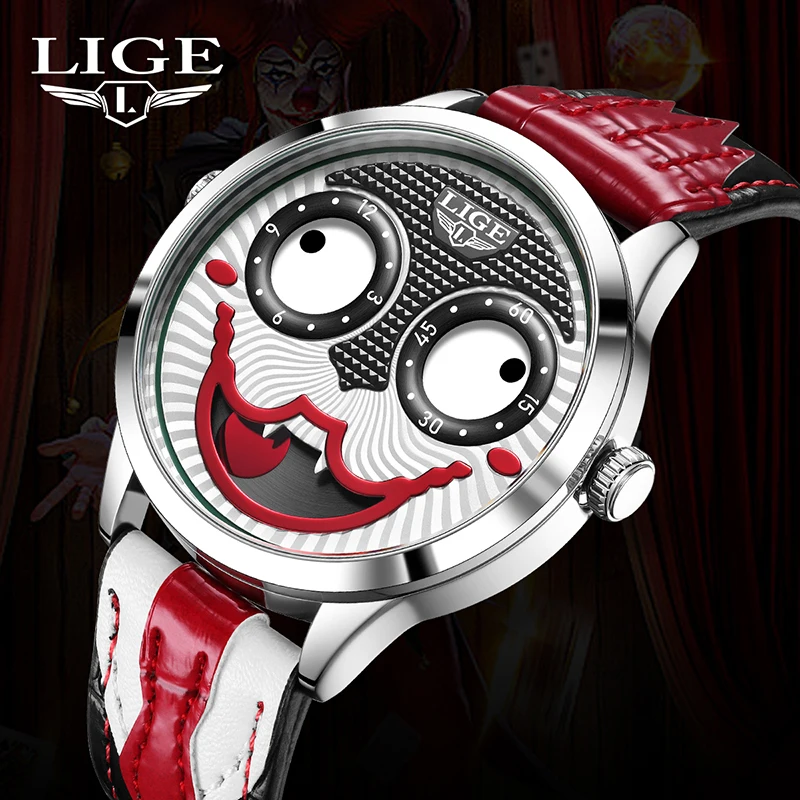 TOP LIGE ساعة رجالي مهرج ساعة مزدوجة فريدة من نوعها غريبة موضة كول كوارتز ساعة اليد مقاوم للماء ساعات للرجال relogios masculino