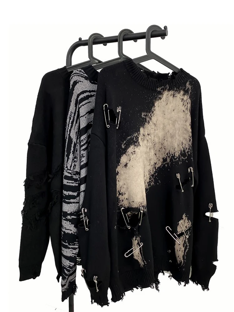 

MIXHYHY American Retro High Street Pin Hole Dyed Трикотаж Мужской свободный крой Длинный светящийся круглый свитер Ne Модный молодежный сле