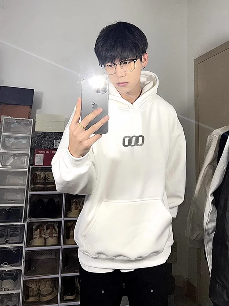 

White Heavyweight Hoodie Spring Autumn Men's Loose Fit Youthful Style Casual Cotton Polyester Blend Anti-Wrinkle Treatment
