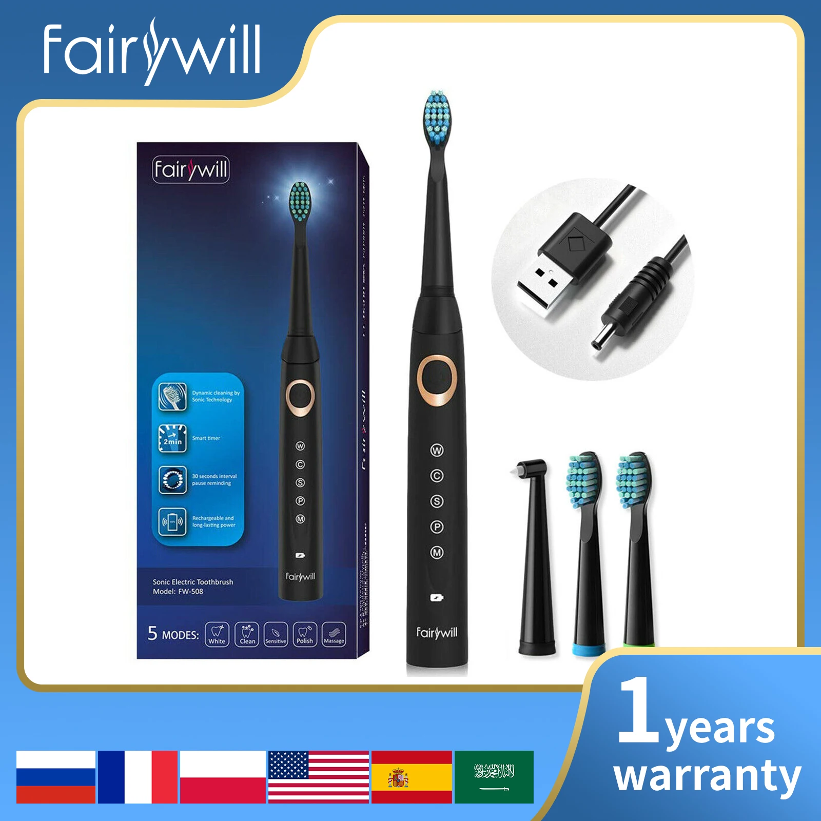 Fairywill escova de dentes elétrica sônica FW-508 carga usb recarregável à prova dwaterproof água eletrônica substituição cabeças escova para adulto