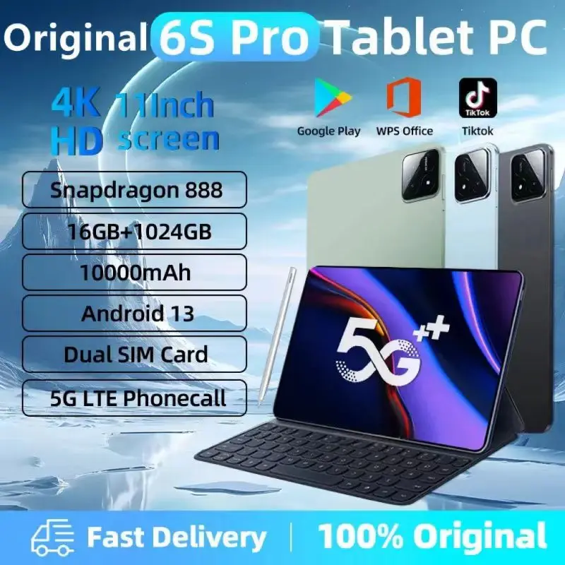 タブレットPC6 s Pro,グローバルバージョン,オリジナル,hd 4k,snapdragon 888, 10000mah,Android 13.0, 11インチ,16GB 512GB, 5g,デュアルSIM,wifi 2021