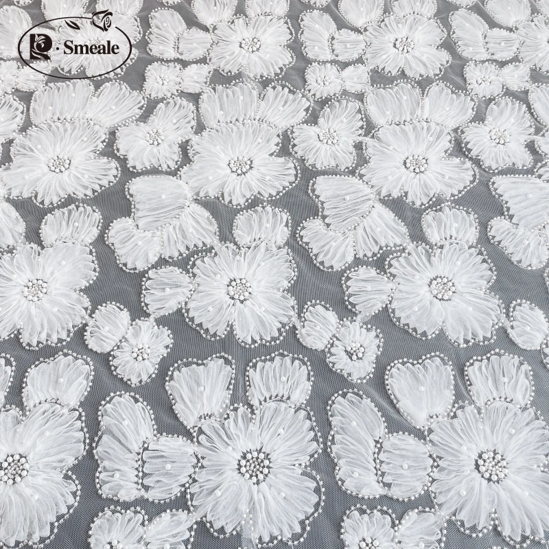 Besticktes Spitzens toff für Kinder bekleidung, 3D-Mesh-Blumen, Silber perle, Perlen-Hochzeits kleid, Spitzen band, RS5036, 3 Farben – Detail 9