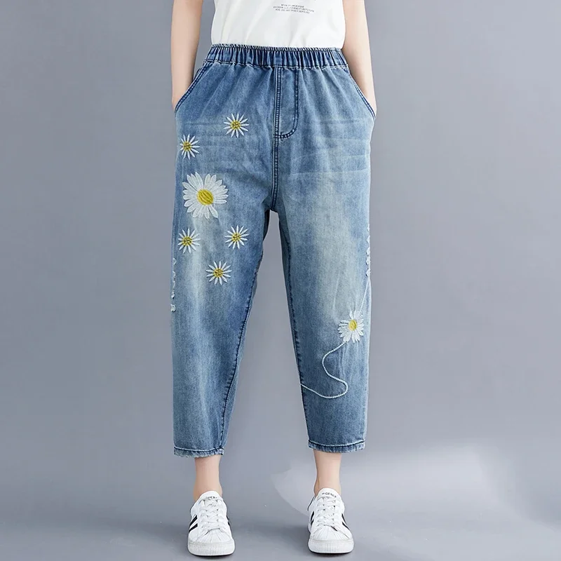 Aricaca Summer Fashion Style Ladies Vintage Embroidery Jeans Women Casual Floral Denim Trousers Ripped Harem Pants