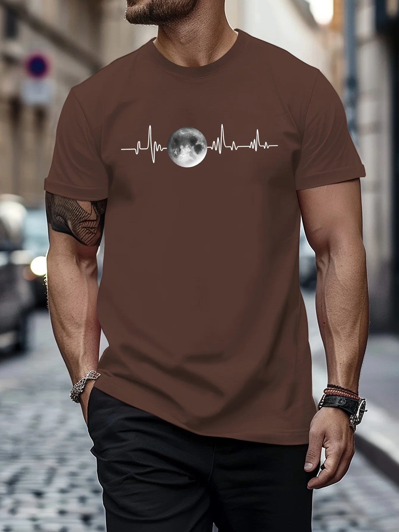Summer men\'s 100% pure cotton sports casual loose fit plus size moon print comfortable round neck short sleeved T-shirt top