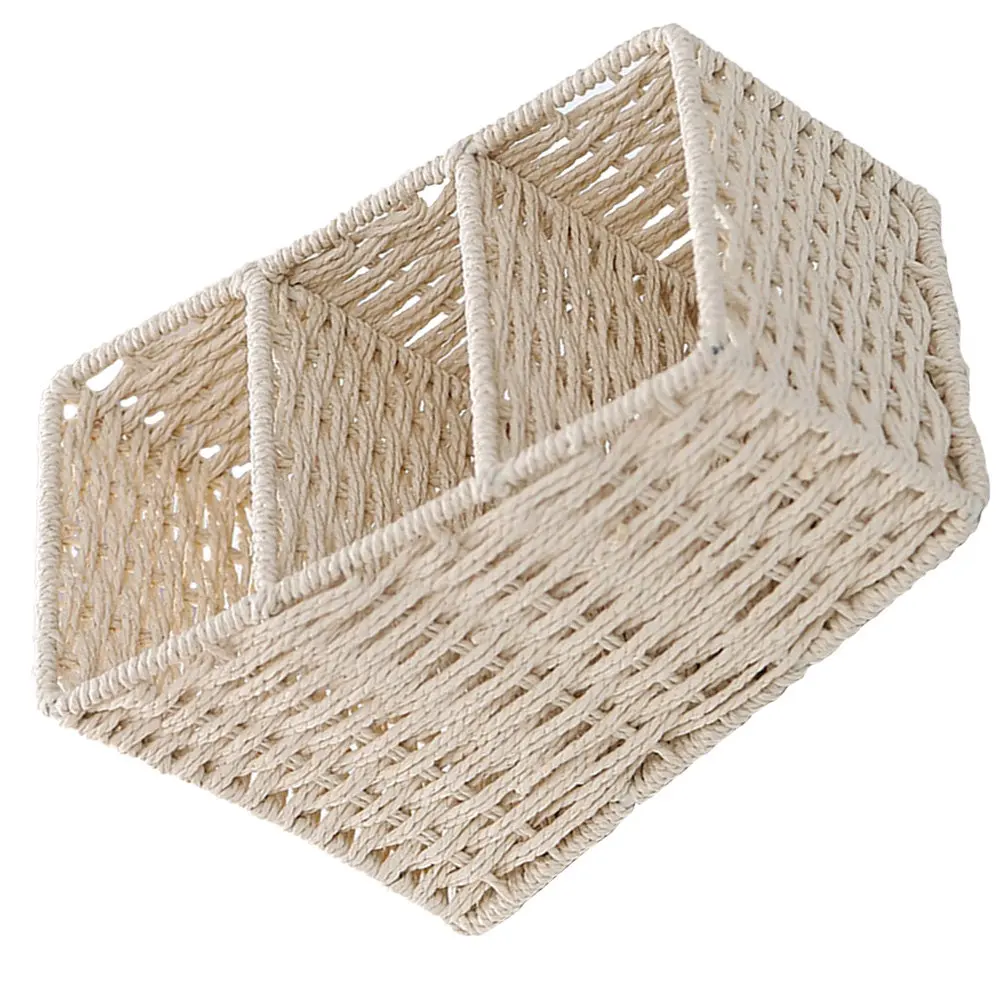 Trapezoidal Desktop Storage Box Three Compartments Simulated Hand-Woven Basket Waterproof Stable Desktop Organizer for Cosmetics