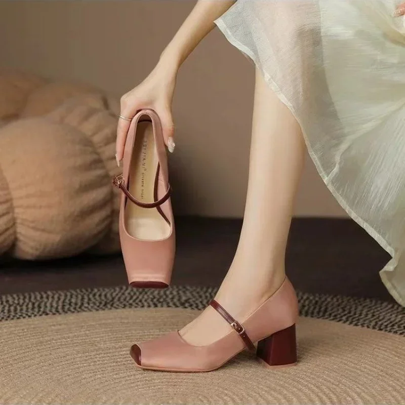 Women Spring Luxury Mary Jane Shoes Autumn Fashion Square Toe Shallow Ladies Elegant Dress Single Leather Shoes Square Heel Pump