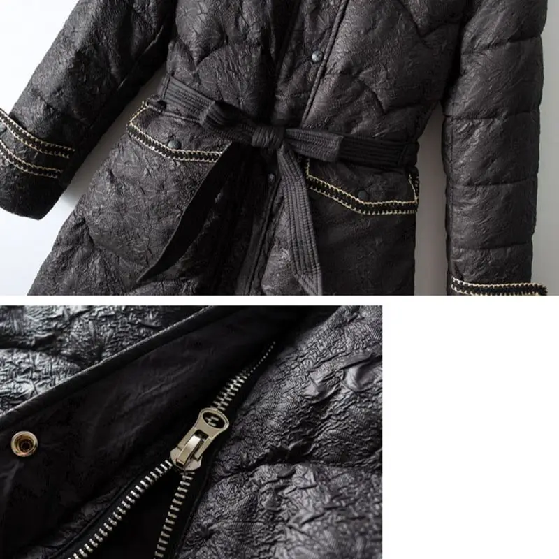 Frauen neue Mode lange Daunen jacken Winter weibliche abnehmbare Pelz kragen Jacquard Mäntel Oberbekleidung Damen schlanken Mantel