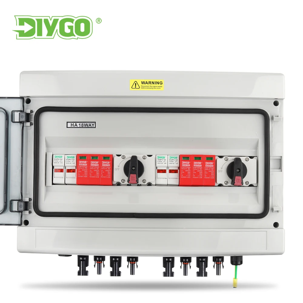 

Solar Photovoltaic 2 Input 2 Out DC 1000V PV Combiner Box With Lightning Protection Fuse MCB SPD Waterproof Box IP65 18ways
