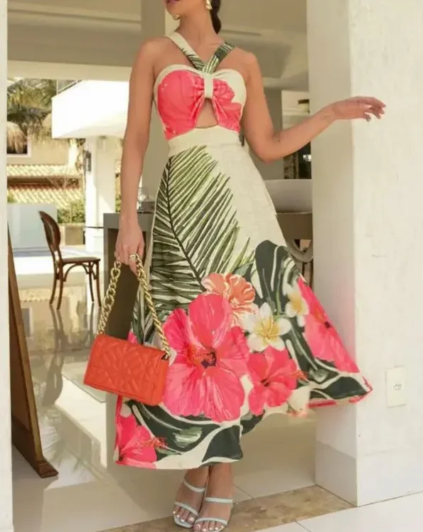 Womens Dresses 2025 Spring Summer New Fashion Cutout Front Tropical Floral Print Halter Backless Casual Vacation Maxi Dress