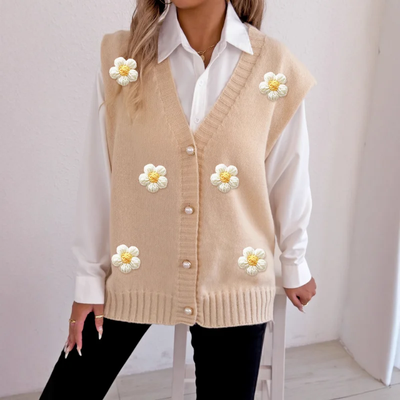 

Women's Autumn and Winter Pearl Button Cardigan Hand Crochet Flower Patchwork Sweater Vest