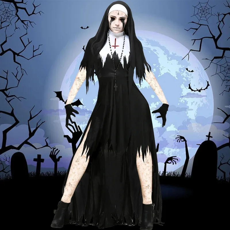 Kostum Cosplay Biarawati Setan Vampir Menyeramkan untuk Wanita, Pesta Hitam, Gaun Mewah Lengan Panjang, Topi, Sarung Tangan, Kostum Halloween sk;m1