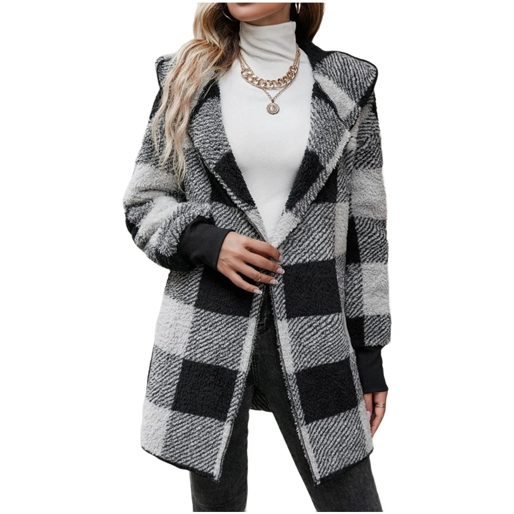 

Plaid Fleece Cardigan Jacket for Women Featuring Long Sleeves Hooded Design Plush Material Outerwear Coat for Fall Winter