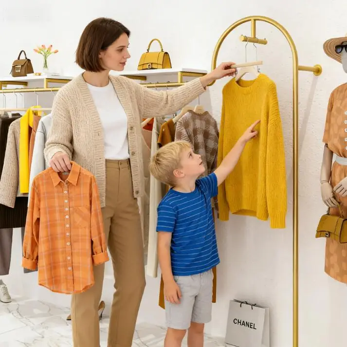 

Clothing store hanging clothes rack on the wall, wrought iron gold clothing display rack, women's clothing store shelf display r