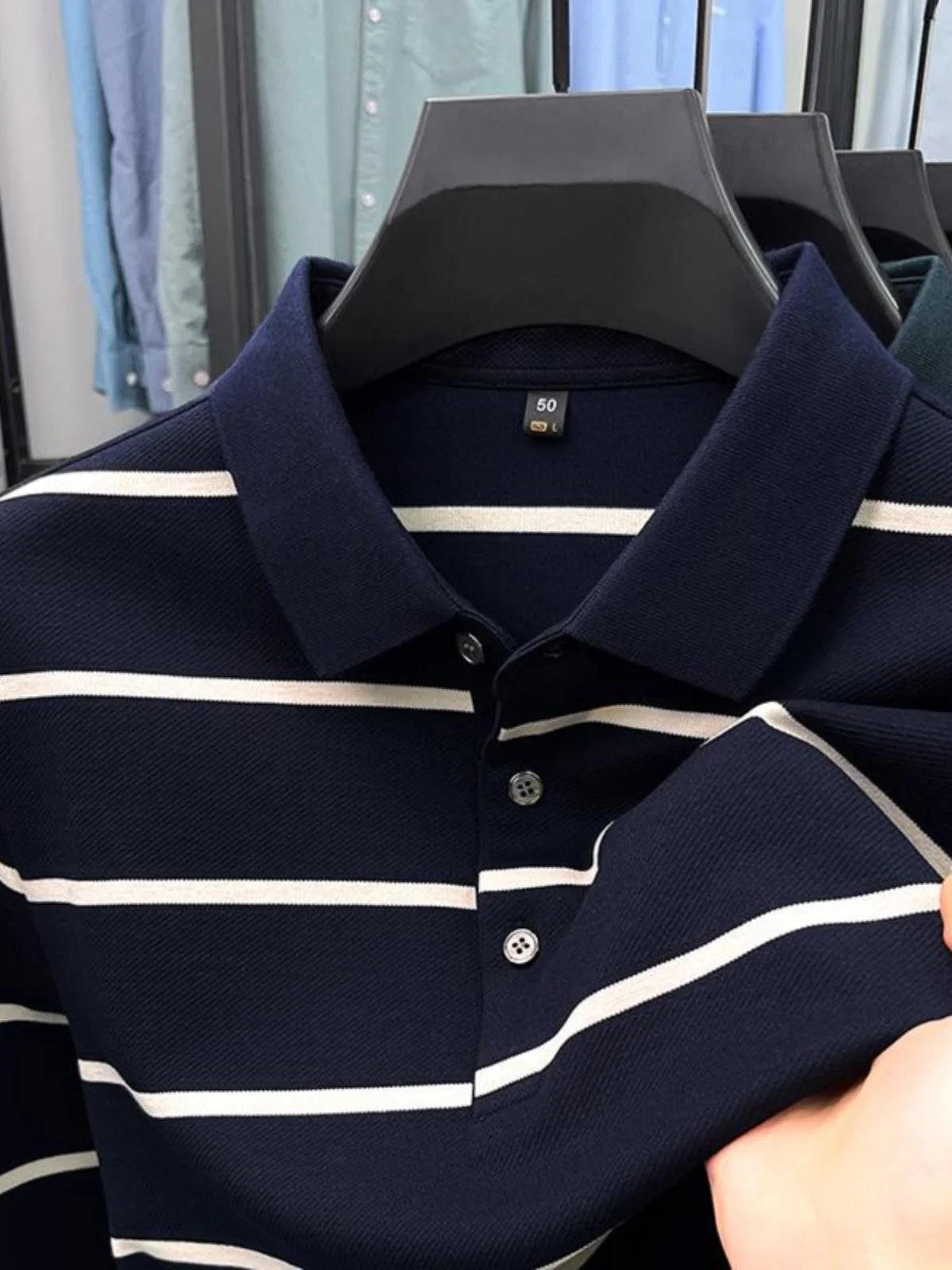 Business Casual Long Sleeve  Shirt for Men Spring Autumn Striped Necktie Top Middle-aged Dad Style Breathable Polyester