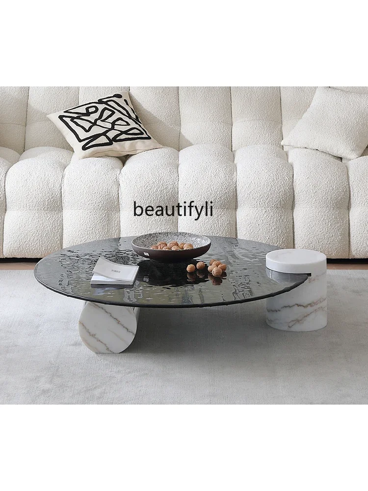 Italian minimalist round coffee table light luxury marble water ripple hot melt glass coffee table