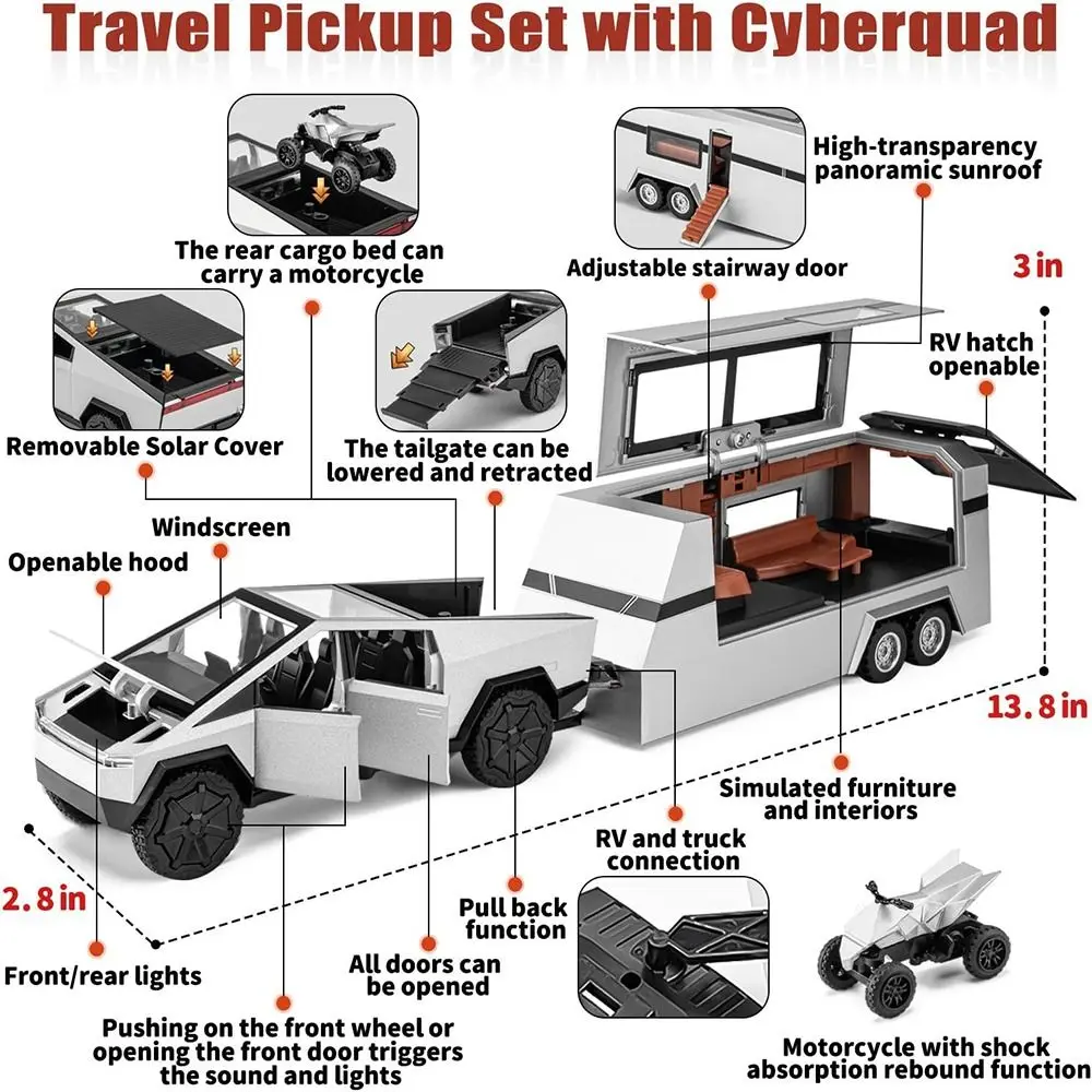 1/32 Cybertruck Toy Alloy z motocyklem RV Pickup Metalowy model odlewu z dźwiękiem / światłem / model przyczepy z napędem pull back