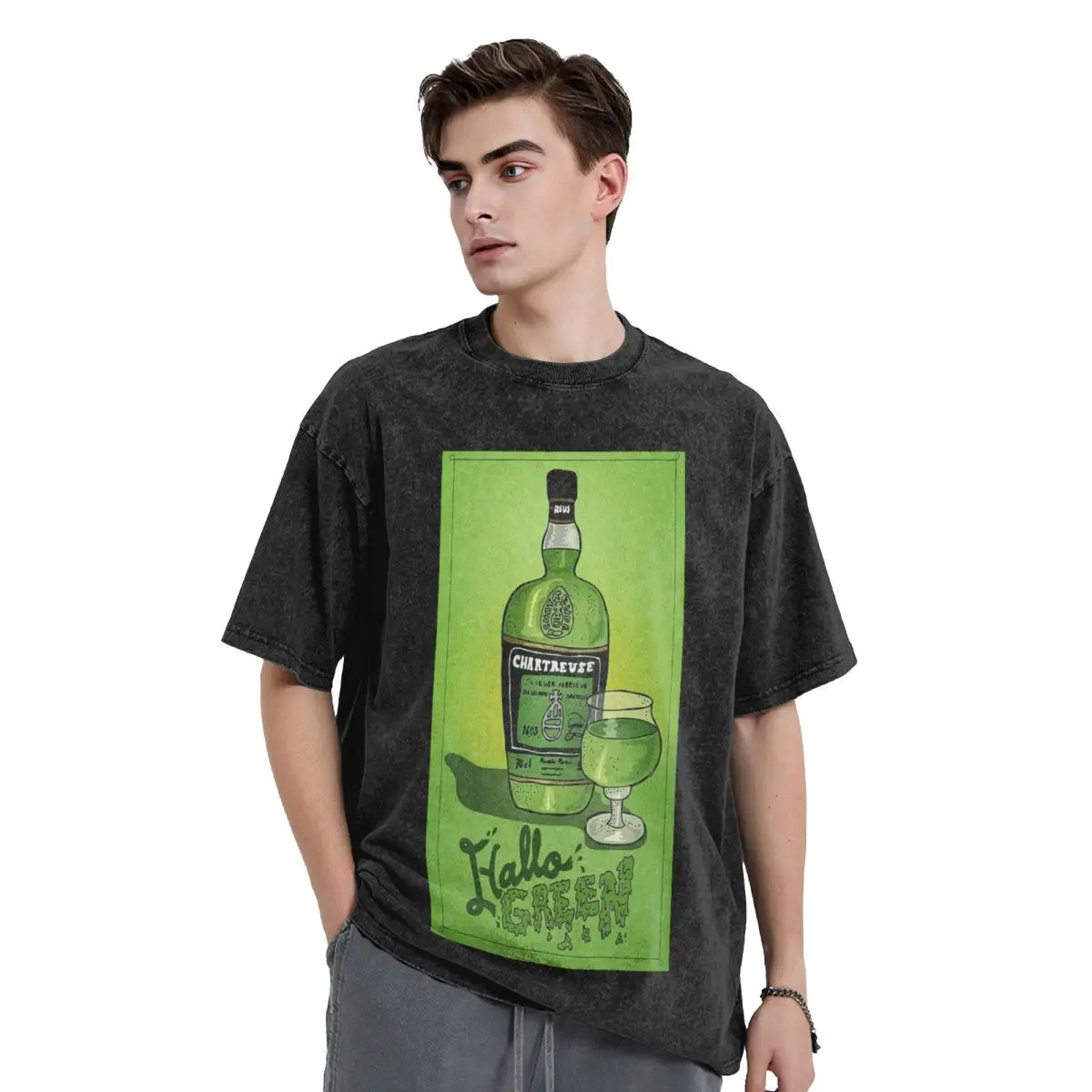 

Green Chartreuse Bottle Oil Painting Drink 1 Washed T Shirts Short Sleeve Hip Hop T-Shirt Streetwear Tops Tees for Men Women