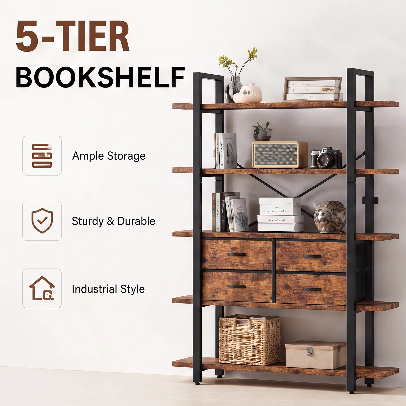 Bookshelf 5 Tier - 5 Tier Tall Bookshelf Metal Wooden