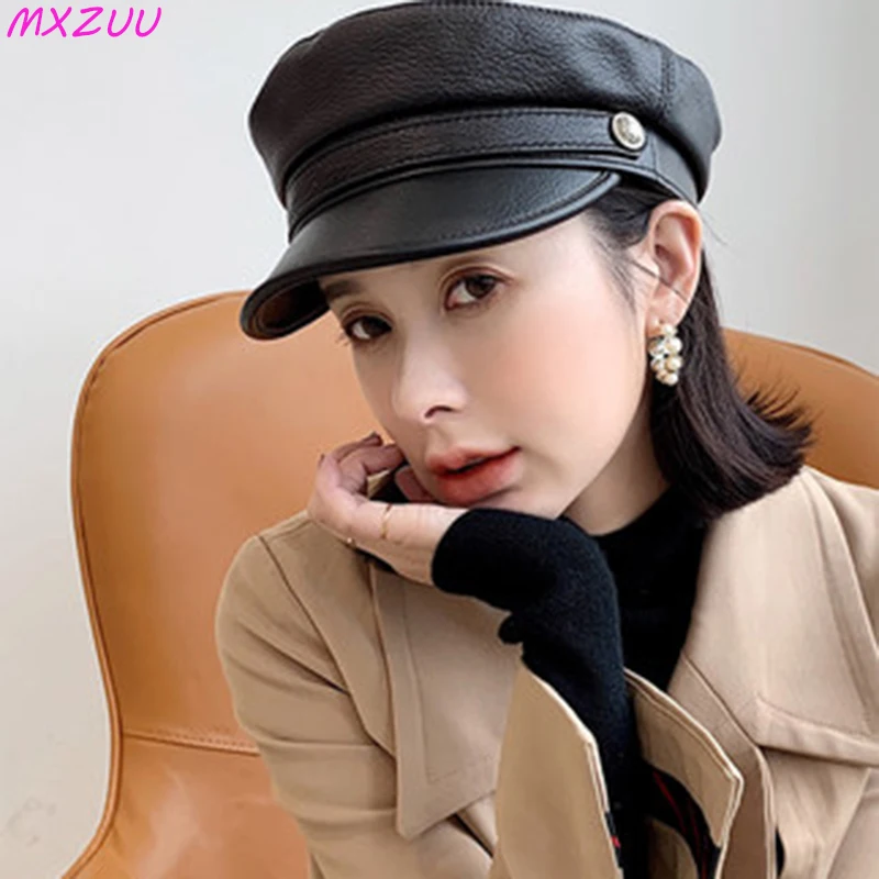 European/American Leisure Genuine Leather Visors Peaked Cap Flat Hat For Women Vintage Sheepskin Black Beret Trendy Military Hat