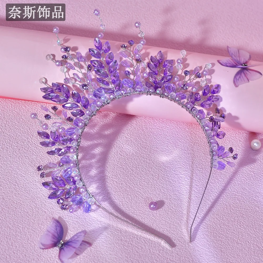 

ww27 Bridal Tiara Universal Crown Purple Flash Rhinestone Crown Bridal Tiara
