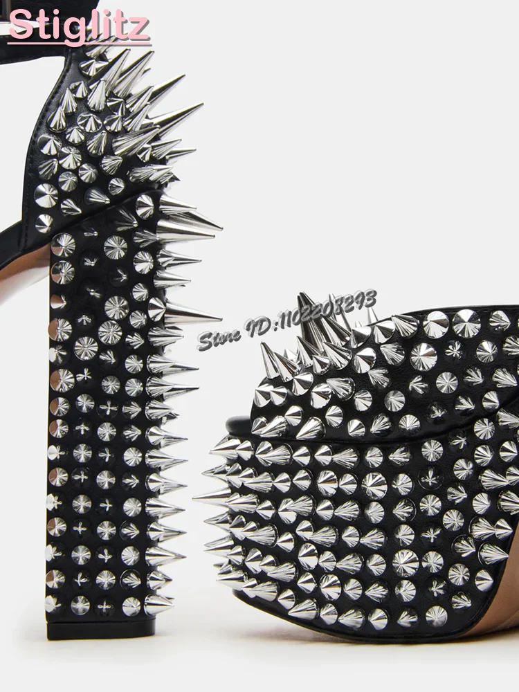 Sexy Spikes Square Heel Sandals Black Peep Toe Shallow Rivet Buckle Strap High Heels 2026 Summer New Women Fashion Party Shoes - view 5