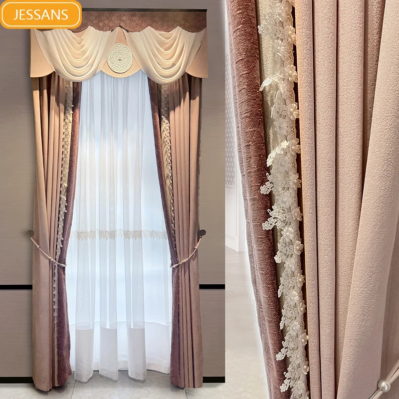 

Customized Purple and Pink Jacquard Chenille Mosaic Lace Curtains for Living Room Bedroom Bay Window French Window Balcony