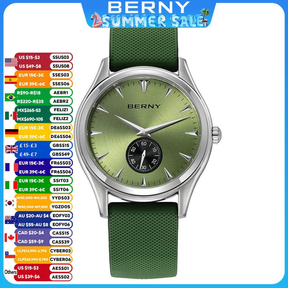 

BERNY Quartz Watch for Men Silicone Casual Wristwatch 5ATM Waterproof Men Wristwatches Fashion Versatile Quartz Watches for Men