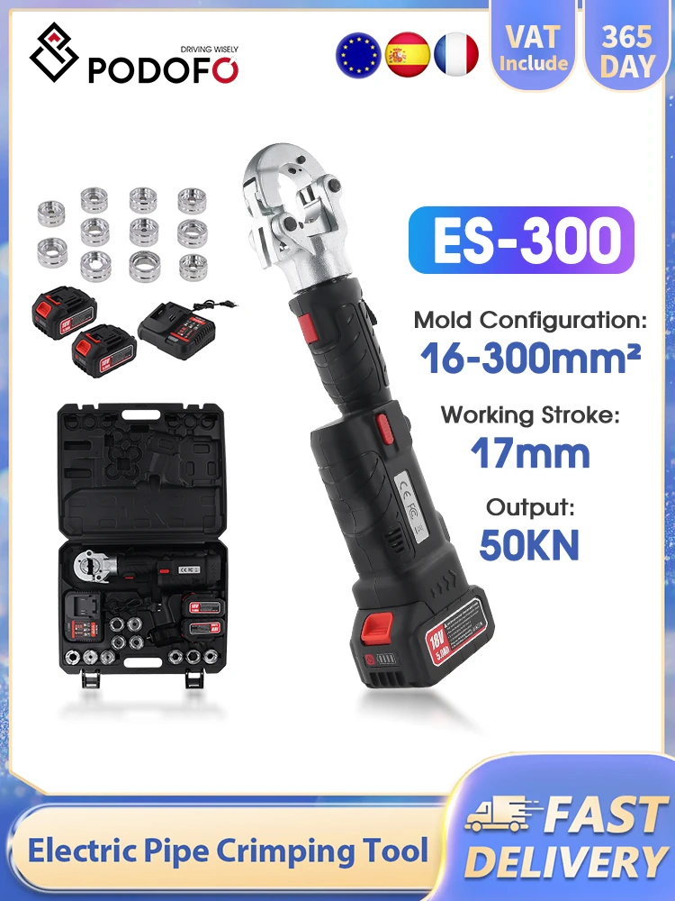 Podofo 18V 50KN ES-300 Elektryczna hydrauliczna zaciskarka z prostą rączką do końcówek miedzianych i aluminiowych o przekroju 16-300mm² z szybkim zaciskaniem i obrotem 360° ° Rotacja — 2