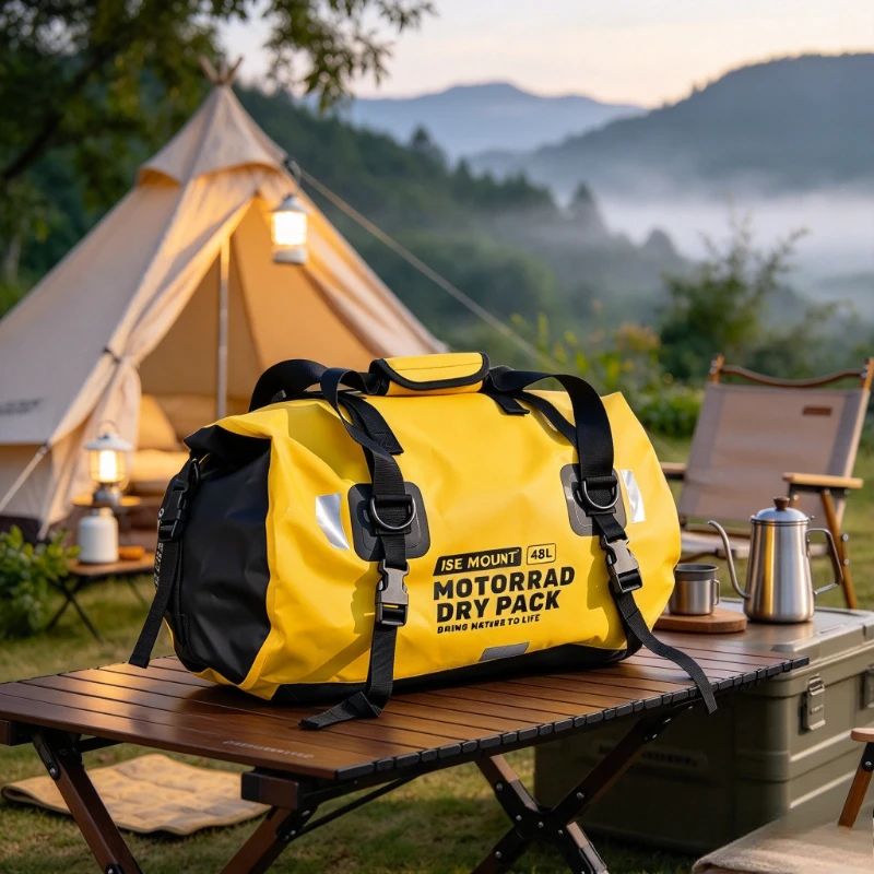 Waterproof PVC Motorcycle Rear Seat Bag, Touring Tail Bag with Reflective Details, Backpack or Shoulder Carry, Seamless PVC Bag