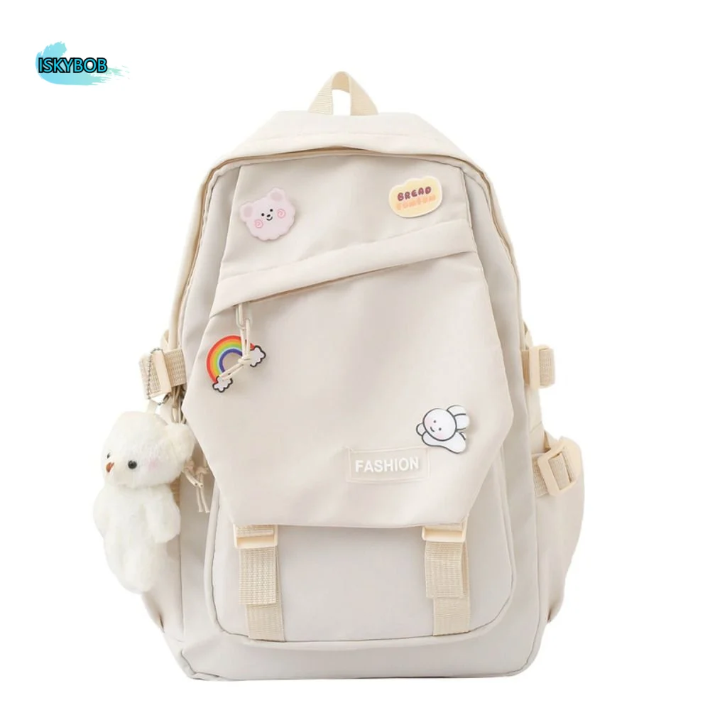 Leisure Nylon Large Capacity Bags Simple Canvas Badge Shoulder Backpack with Pendant Schoolbag Korean Style School Bag Unisex
