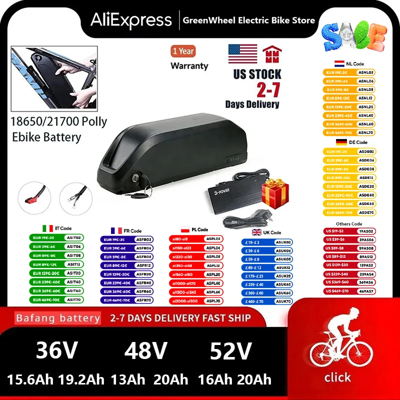 18650 21700 Downtube EBike Battery Polly 48V 52V 36V 20Ah Electric Bicycle Bateria Pack for 1000W 500W 350W 250W Motor