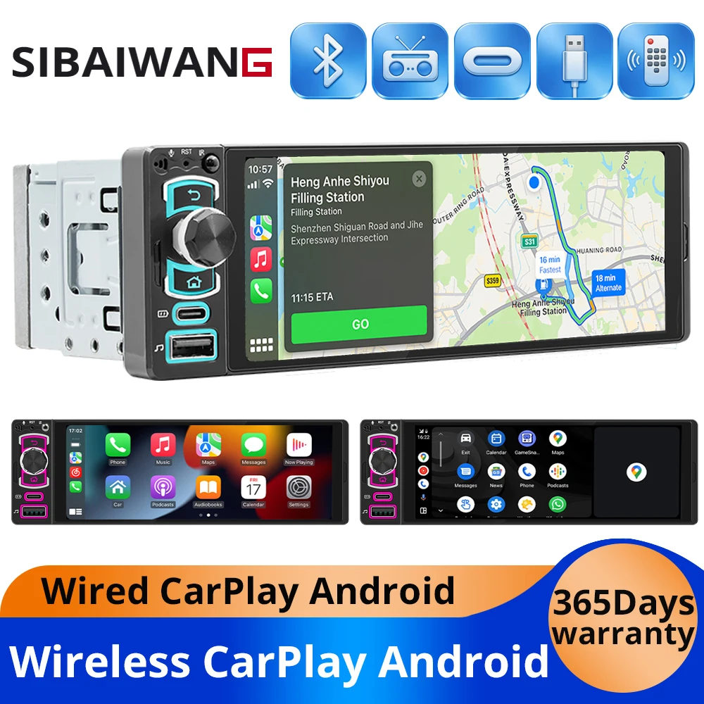 

Car Radio 1Din 6.28Inch Car Stereo WIreless Carplay Android Auto Mirror Link Bluetooth USB Type-C Fast charging FM MP5 Player