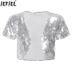 Kids Girls Sequins Bolero Cardigans Glitter Short Jacket Short Sleeve Open Front Crop Outerwear for Children Dance Party Wedding