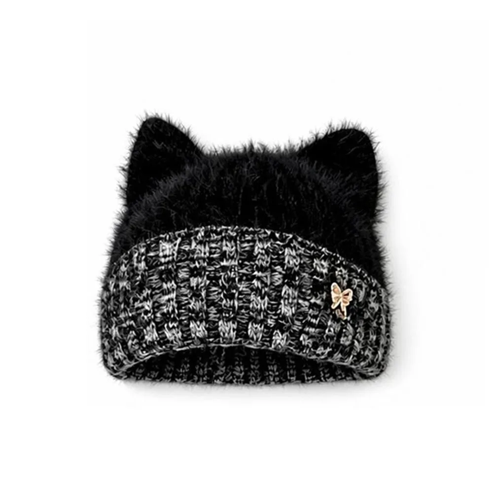 New Knitted Yarn Cat Ear Beanie Cat Ear Shape Thick and Warm Knit Beanie Folded Cuff Cute Style Knitted Cat Hat Winter Outings
