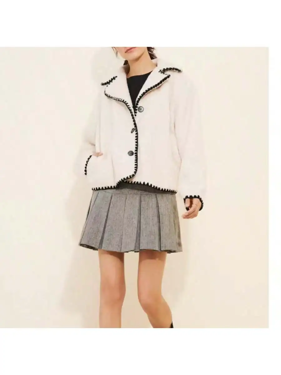 秋冬ファッショナブルなレーストリムラムファー厚手オーバーサイズコート、女性用エレガントなアウターウェア