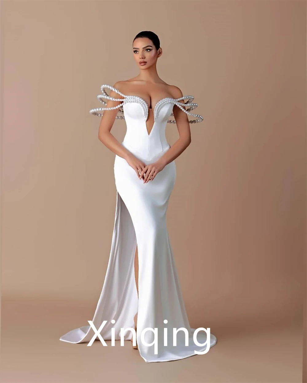 Robes de mariée sirène personnalisées en Jersey blanc, sans bretelles, avec traîne Court, robes de mariée de l'industrie lourde, robes de mariée 2025