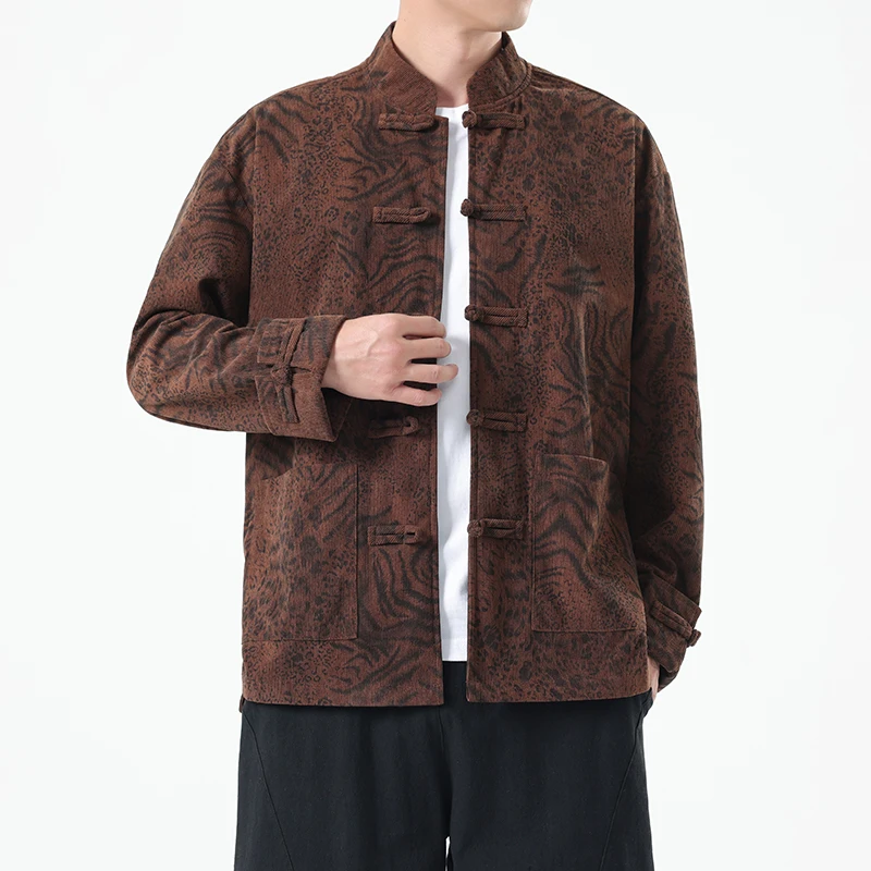 

Loose Fit round Ne Embroidered T Jaet Autumn Winter Chinese Sle Clothing Tea Ceremony Coat Men's Casual Outerwear