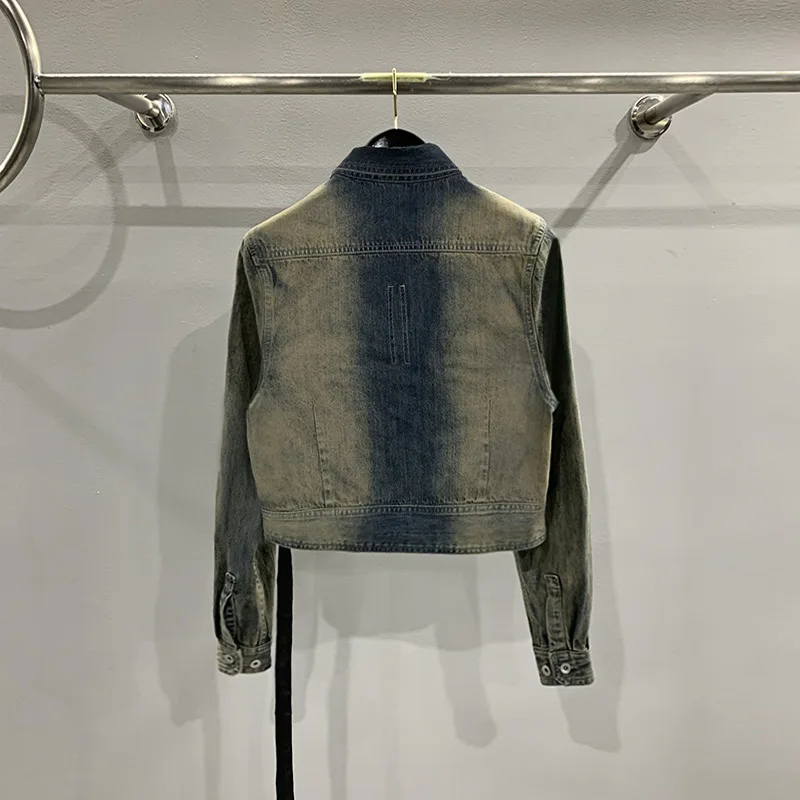 24ss High Street Rick Women Denim Jacket Higher Quality Men Clothes  Washed and Distressed Belted Jacket