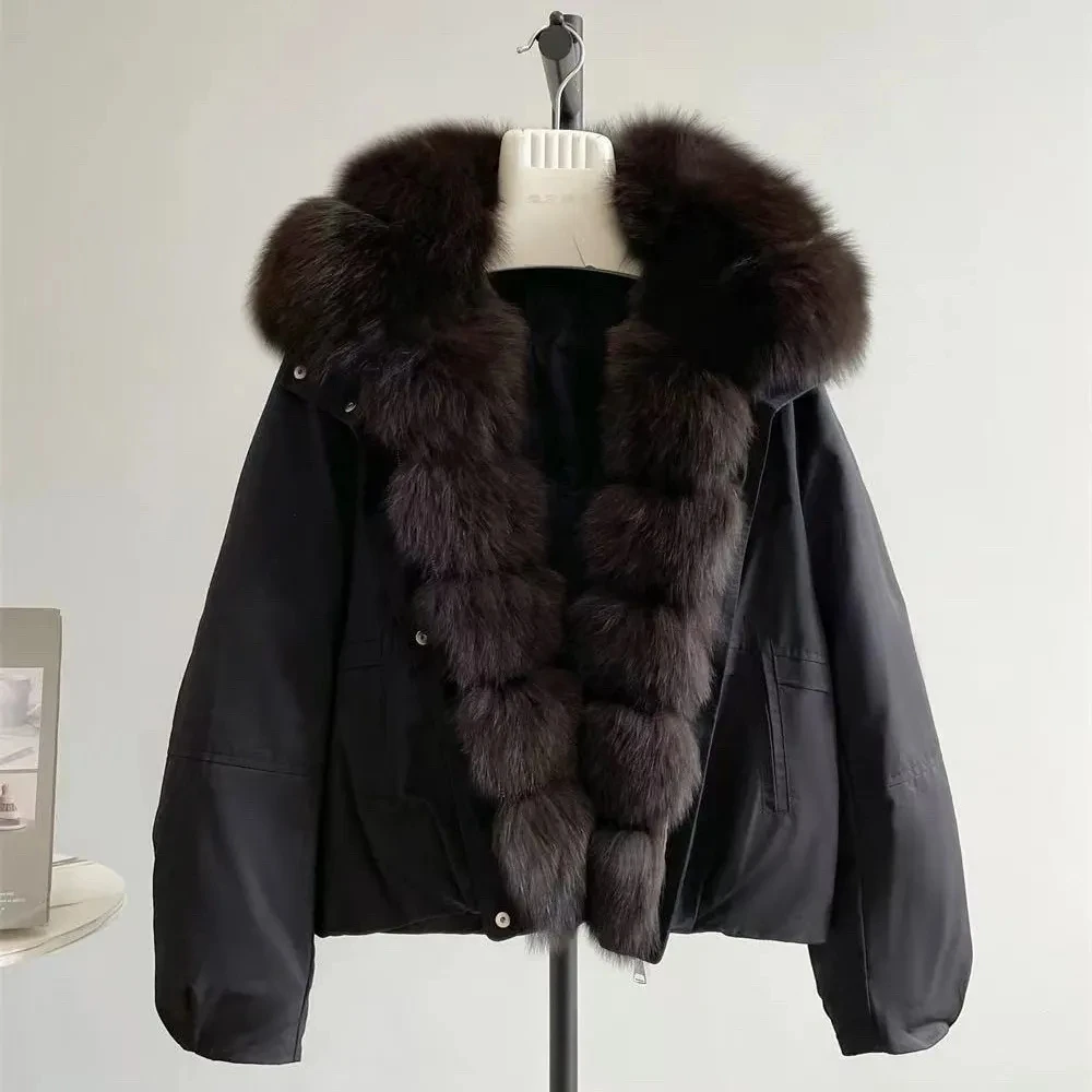 Chaqueta de plumón Parker gruesa y cálida para mujer, abrigo con cuello de piel de zorro desmontable, prendas de vestir cortas y cálidas, novedad de 2025