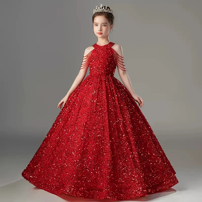 

Kids Banquet Pageant Dresses Little Girls Sparkle Sequin Party Gown Teen Girls Cold Shoudler Long Formal Evening Cocktail Dress