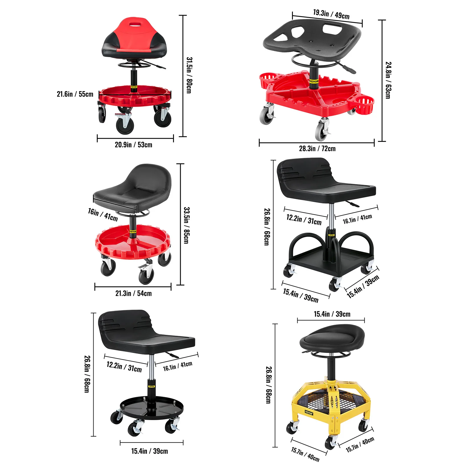 Rolling Garage Stool Car Detailing Stool Adjustable Height Mechanic Seat With Tool Tray Workshop Auto Repair Shop Stool