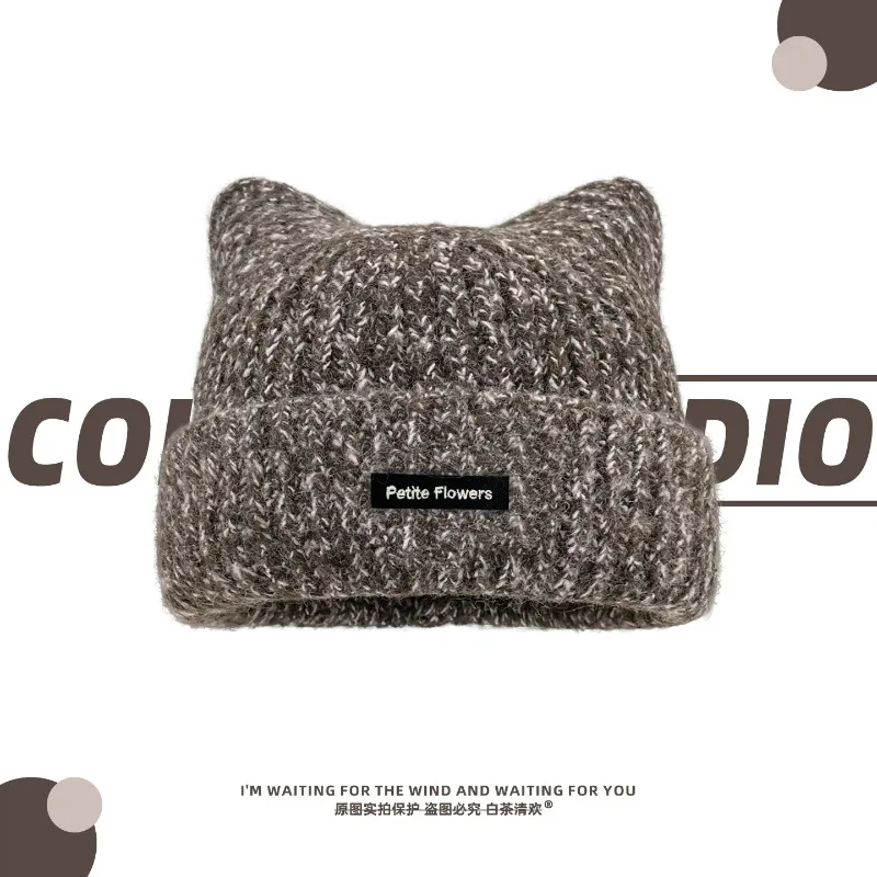 Y2K Mixed‑Color Knit Cat Ear Beanies for Women Winter Thick Warm Ear‑flap Pull‑on Hats Face‑flattering Versatile Skullcap