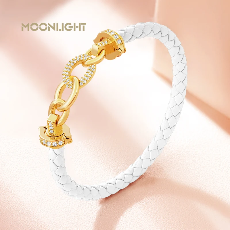 MOONLIGHT New Luxury Women's Zircon Ring Round Bracelet Genuine Braided Leather Bracelet for Woman Fashion Accessories 8 colors