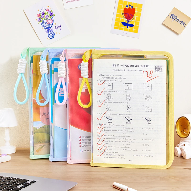 1pc arte transparente mão zip pasta teste saco de armazenamento de papel estudante portátil dos desenhos animados com prancheta casca dura suporte para lição de casa