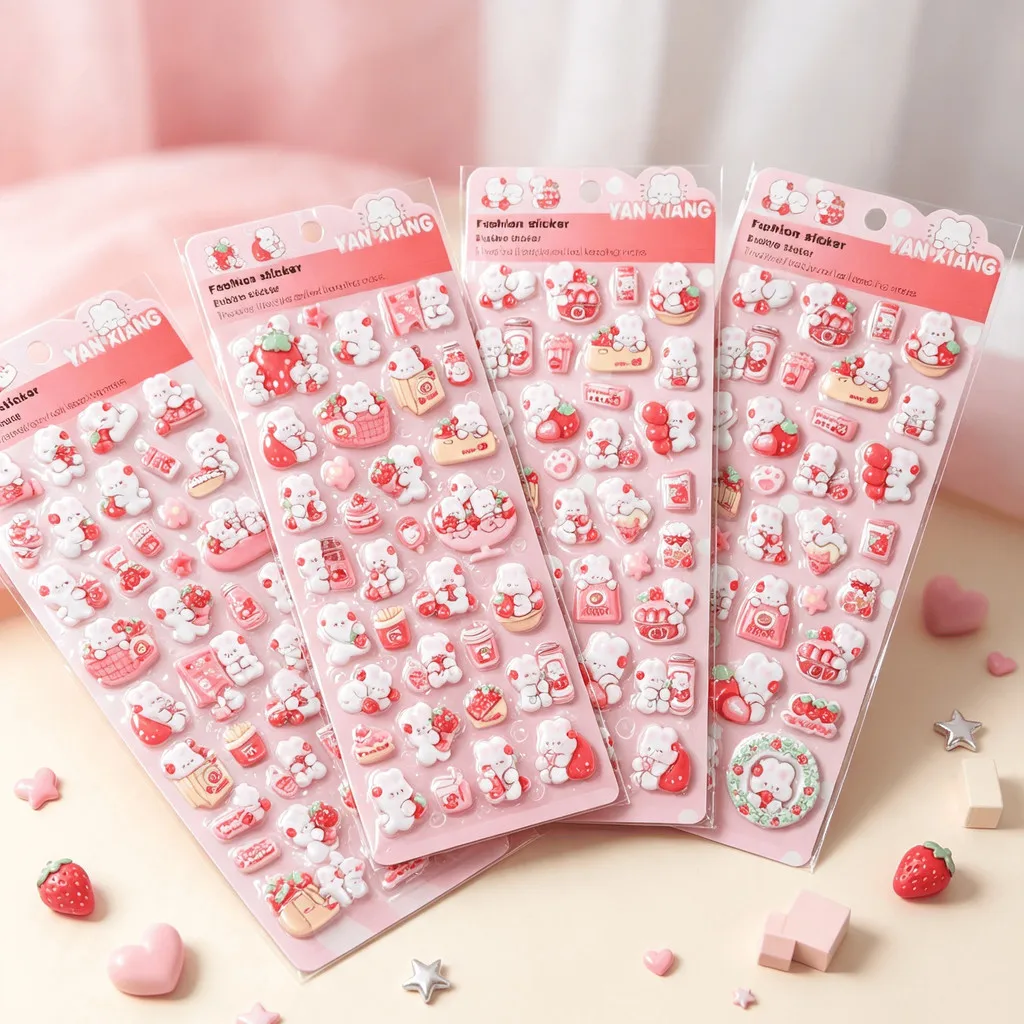 Strawberry White Bear Puffy Stickers 4 Sheets Set Waterproof Bubble Decals for Journal Phone Luggage DIY Decor AnimeWorlds Store