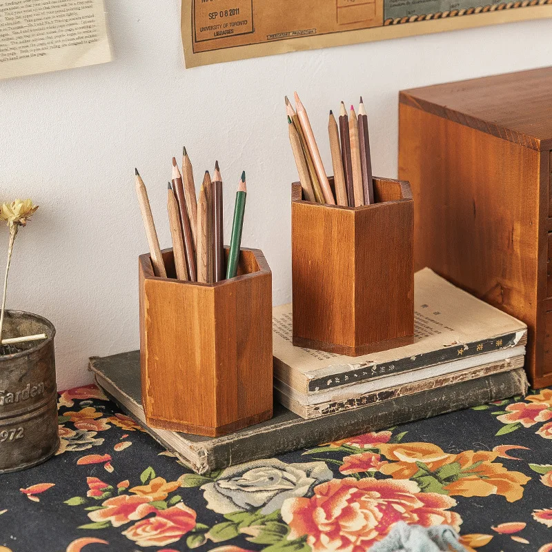 Portalápices de escritorio de oficina, caja de almacenamiento de madera, portalápices creativo de madera maciza, decoración de cubo de bolígrafo para estudiantes